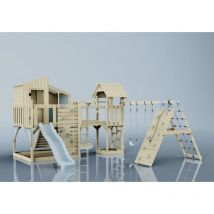 Spielturm Gustav aus Holz in Blau mit Kinderschaukel - Outdoortoys