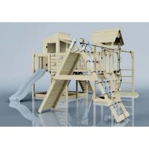 Spielturm Gustav aus Holz in Blau mit Trapezschaukel - Outdoortoys