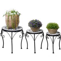 Outsunny - Blumenständer 3er Set Pflanzenständer Set Blumenhocker Blumentopfhalter Pflanzenhocker für Blumentopf Keramikfliesen Metall Schwarz+Weiß