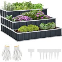 Outsunny - Hochbeet aus Stahl 3-stufige Gartenbeet mit T-Form-Pflanzenschilder Handschuhe Pflanzenbeet Kräuterbeet Blumentreppe für Balkon Garten