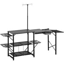 Outsunny mesa de cocina de camping plegable con estantes fregadero soporte para lámpara y bolsa de transporte para exterior 173x52x80-174 cm negro