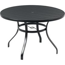 Outsunny - mesa jardín exterior redonda de acero ø115x72 cm con tablero de listones agujero para sombrilla estable resistente a la intemperie negro