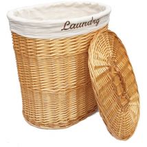Topfurnishing - Oval Wicker Laundry Basket With Lid & Removable Cotton Lining [Honey with White cloth,Large 37x50x55 cm] - Honey
