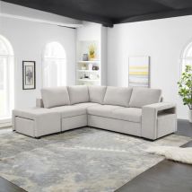 OWEN - Canapé d'angle convertible avec coffre en tissu beige - Angle gauche