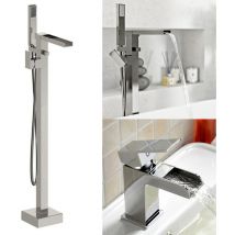 Nes Home - Ozone Modern Freestanding Waterfall Bath Shower Mixer Tap With Handset & Basin Mixer Tap + Waste