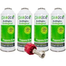 Todoelectrico - Pack 4 Botellas Gas refrigerante orgánico gasica V2 sustituto R22/R407/R290 y R410A 226gr + Llave de servicio