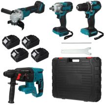 Maerex - Pack 4 herramientas inalámbricas - Amoladora angular + taladro percutor + taladro percutor + Llave de impacto - 4 baterías - 1 cargador