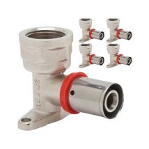 5 x Coude femelle avec support pour tube multicouche 16 mm à utiliser avec machine à sertir, gris