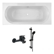 Pack baignoire droite 180 x 80 JACOB DELAFON Elise + pack pommeau et mitigeur bain douche noir mat Aimé + vidage