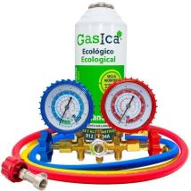 Pack Botellas Gas refrigerante orgánico Gasica D2 Sustituto R12/R134a más Kit Mangueras con manómetro recarga aire acondicionado