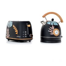 Caprizze - Pack Brottoaster Kaito mit Doppeltem Extrabreitem Schlitz und Kessel Nara Mattschwarz mit Retro-Vintage-Blumendesign