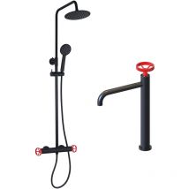 K2O - Pack Colonna Doccia 83-119 cm e Rubinetto da Bagno Monocomando 23x6,7x37cm Nero Opaco Regolatori Rossi, Tubi e Aeratore