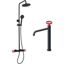 K2O - Pack Columna de Ducha 83-119cm y Grifo de Lavabo Monomando 23x6,7x37cm Negro Mate Reguladores Rojos, Latiguillos y Aireador
