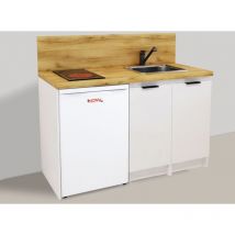 Kitchenette blanche 140cm + plaque de cuisson + refrigerateur + evier + mitigeur