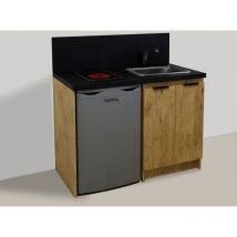 Kitchenette chêne golden 120cm + plaque de cuisson + refrigerateur + evier + mitigeur