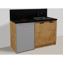 Kitchenette chêne golden 140cm + plaque de cuisson + refrigerateur + evier + mitigeur