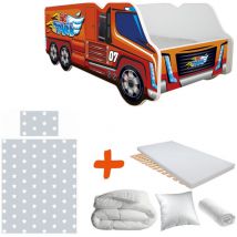 Bebegavroche - Pack complet Lit camion modèle grand camion rouge Lit +sommier+Matelas & Parure+ Couette+ Oreiller - 70 x 140 cm