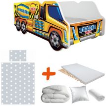 Bebegavroche - Pack complet Lit camion modèle malaxeur jaune Lit +sommier+Matelas & Parure+ Couette+ Oreiller - 70 x140 cm