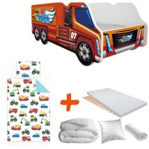 Bebegavroche - Pack complet Lit camion modèle pompier rouge Lit +sommier+Matelas & Parure+ Couette+ Oreiller - 70 x140 cm