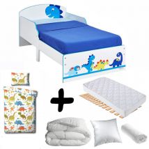 Bebegavroche - Pack complet Premium Lit enfant Dinosaure Lit+Matelas & Parure+Couette+Oreiller