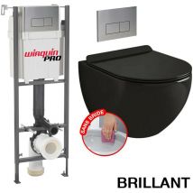 Pack completo Inodoro Bati initio + Taza de inodoro negra brillante suspendida sin brida + Placa de diseño cromada