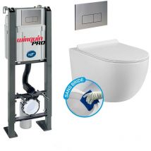 Pack Complet wc Sans Bride Bati Autoportant + Cuvette blanche sans bride + Plaque Chromée design