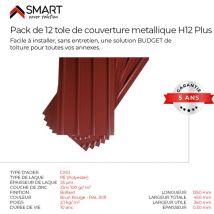 Bravo The Smart Solution - smart cover Pack 12 petites tôles bac acier - toiture - couverture H12 Dimensions: 125cm x 45cm=6,75m² épaisseur: 0,30mm