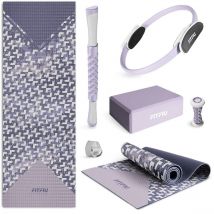 Fitfiu Fitness - Kit 6 Yoga und Pilates Zubehör KITWELL-601 lila, Matte, Pilates Ring, Block, Übungsband, 2 Massagegeräte, Anfänger und mehr