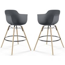 Privatefloor - Tabouret de Bar - Design Scandinave - Pieds en Bois - Lot de 2 - Nordika Gris foncé
