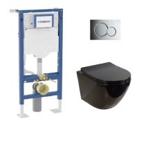 Pack Geberit UP320 + Cuvette sans bride kelos Noir Brillant + Plaque Sigma Chromé Brillant