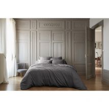 L'effet Papillon - Pack Housse de couette 240 x 220 cm bambou de satin 120 fils Salomé + Drap housse 140 x 190 cm Anthracite