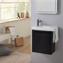 Godart - Pack lave-mains Meuble Noir mat avec Poignée noire et porte serviette - robinetterie eau froide à gauche - L.48XH.52.5 cm