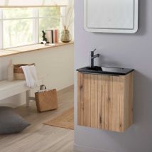 Godart - Pack lave-mains Strié Bois et poignée noire avec lave-mains extra fin noir - Robinet Eau froide à gauche -L.42.5 x H.48.6cm