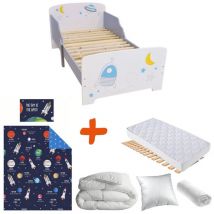 Bebegavroche - Pack Lit Espace et planètes avec Matelas et Textile complet - couchage 140x70 cm