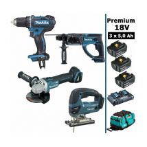 Makita - Pack Premium 4 machines 18V 5Ah: Perceuse DDF482 + Meuleuse DGA504 + Perforateur DHR202 + DJV180 + 3 batteries + sac