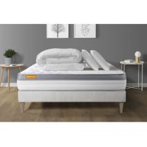 Septnuits - Ensemble matelas sommier Memo zen 140 x 200 cm - Couleur : Blanc avec 2 oreillers et couette