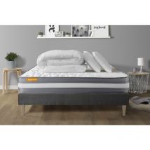 Septnuits - Ensemble matelas sommier Memo plus 140 x 190 cm - Couleur : Gris avec 2 oreillers et couette