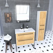Aurlane - Meuble Salle de Bains 80 cm, Vasque Blanche, Miroir Led et Colonne - Blanc et Chêne - structura
