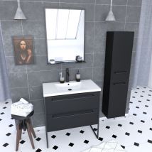 Aurlane - Pack meuble de salle de bain 80x50 cm Noir - 2 tiroirs - vasque blanche - miroir - colonne suspendu
