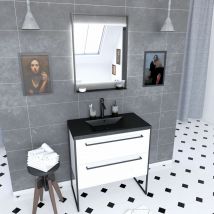 Aurlane - Pack meuble de salle de bain 80x50cm Blanc - 2 tiroirs - vasque resine noire effet pierre - miroir