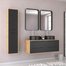 Aurlane - Meuble de Salle de Bains 120 cm - 2 Vasques Rondes et Colonne - Chêne naturel et Noir Mat - uby