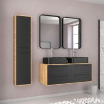 Aurlane - Meuble de Salle de Bains 120 cm - 2 Vasques Rectangles et Colonne - Chêne naturel et Noir Mat - uby