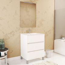 Aurlane - Pack Meuble Salle de Bains 60cm Blanc 3 Tiroirs, Vasque, Miroir 60x80 et réglette Led - xenos