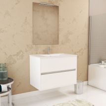 Aurlane - Pack Meuble Salle de Bains 80cm Blanc 2 Tiroirs, Vasque, Miroir 60x80 et réglette Led - xenos