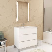 Aurlane - Pack Meuble Salle de Bains 80cm Blanc 3 Tiroirs, Vasque, Miroir 60x80 à Leds intégrées - xenos