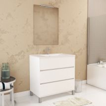 Aurlane - Pack Meuble Salle de Bains 80cm Blanc 3 Tiroirs, Vasque, Miroir 60x80 et réglette Led - xenos