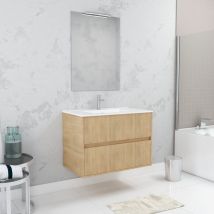 Aurlane - Pack Meuble Salle de Bains 80cm Chêne Clair 2 Tiroirs, Vasque, Miroir 60x80 et réglette Led - xenos