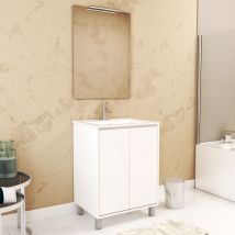 Aurlane - Set Mobile Bagno 60 cm Laccato Bianco 2 Ante, Lavabo, Specchio 60x80 e Applique Led - xenos