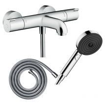 Pack mitigeur bain thermostatique Hansgrohe Ecostat 1001CL + Flexible Metaflex + Pommeau Pulsify Select EcoSmart 105 3jets chromé