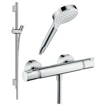 Hansgrohe - Pack mitigeur douche thermostatique Ecostat Comfort + Barre Unica s Puro + flexible + Pommeau Crometta blanc/chromé